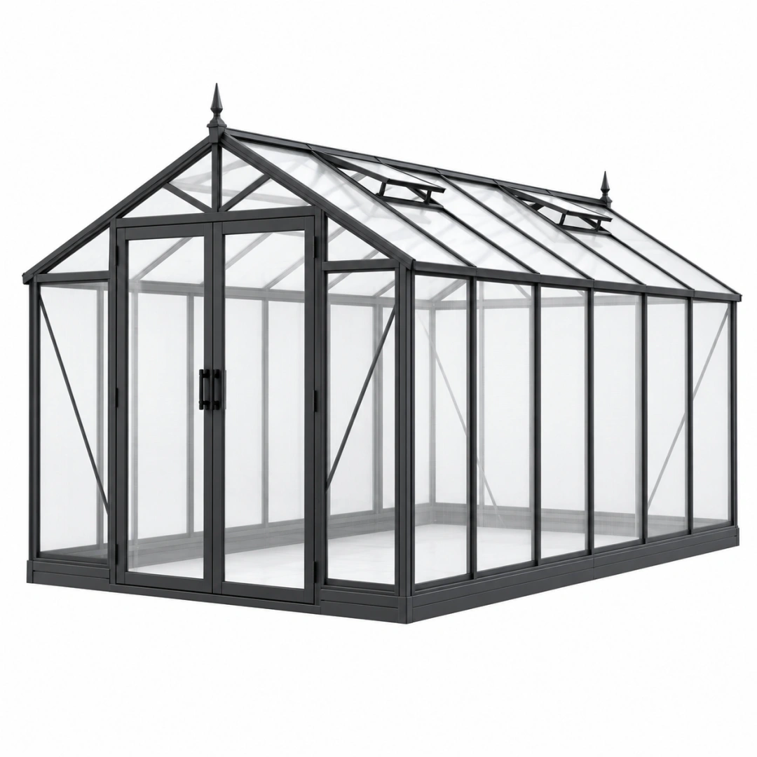 Invernadero de jardín 300 x 190 x 195 cm de aluminio y vidrio transparente negro con ventilación