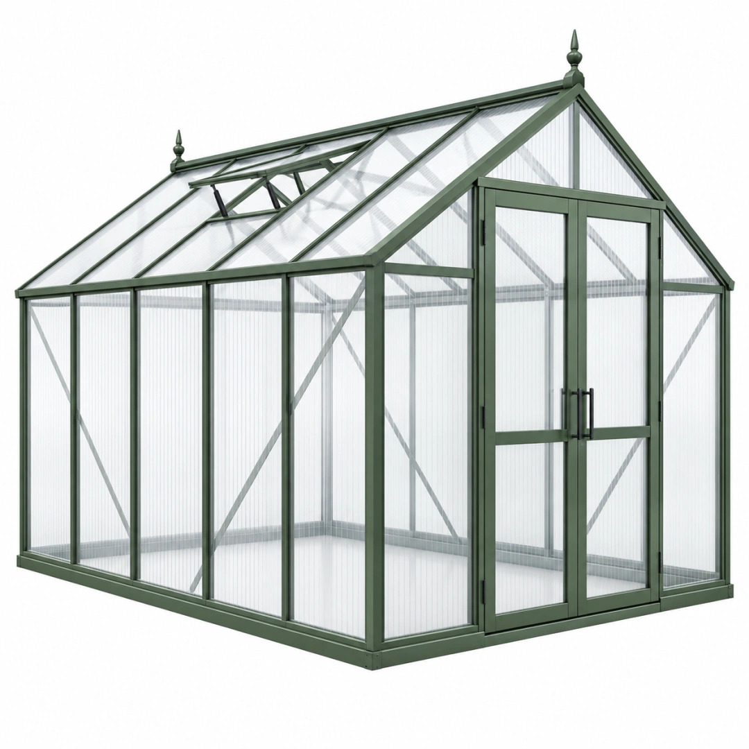 Invernadero de jardín 240 x 190 x 195 cm - aluminio verde con paneles translúcidos y doble puerta estilo clásico