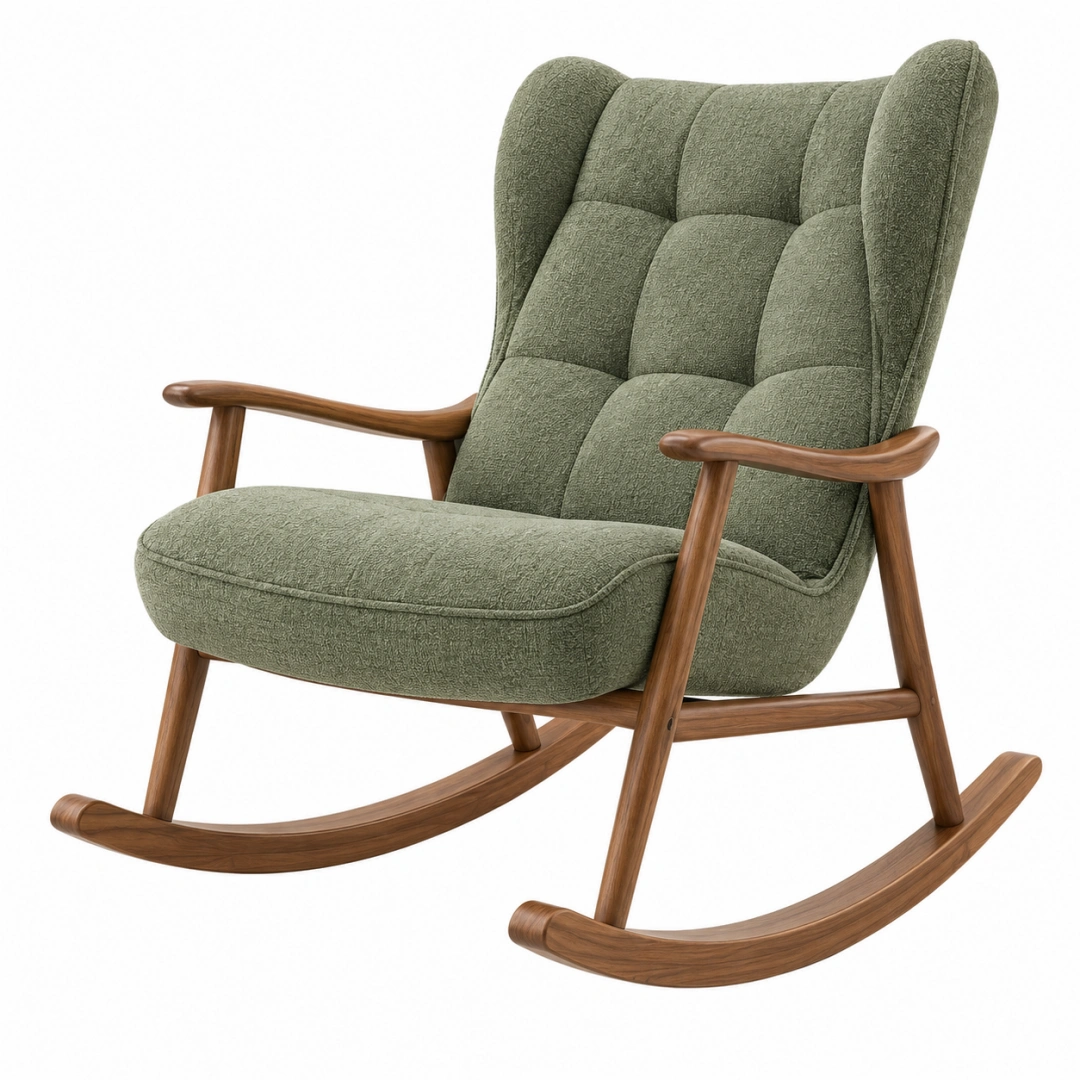 Mecedora 70 x 95 x 100 cm de madera y tejido verde - respaldo alto acolchado