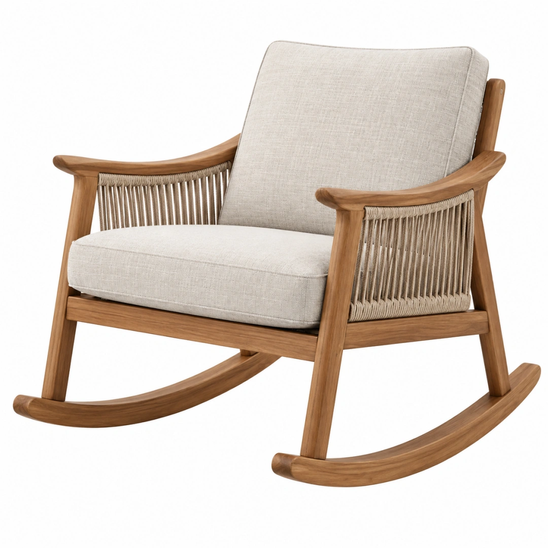 Silla mecedora 72 x 92 x 98 cm de madera y cuerda beige con asiento tapizado