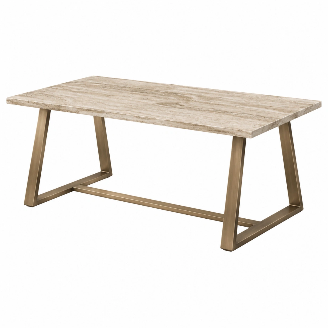 Mesa de comedor 140 x 70 cm con tablero efecto piedra beige y base metálica estilo contemporáneo