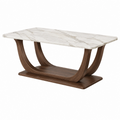 Mesa de comedor 180 x 90 cm con tablero efecto mármol blanco y base de madera marrón - estilo contemporáneo