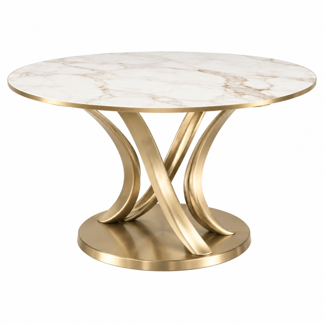 Mesa de comedor redonda 120 cm con efecto mármol blanco y base metálica dorada