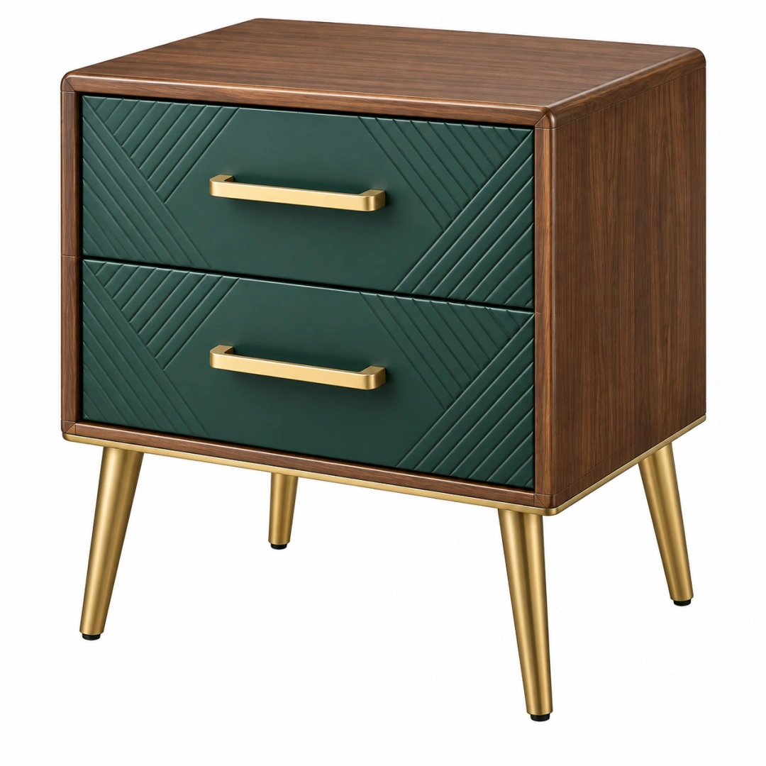 Mesita de noche 50 x 40 x 60 cm de madera color nogal y verde con 2 cajones estilo moderno