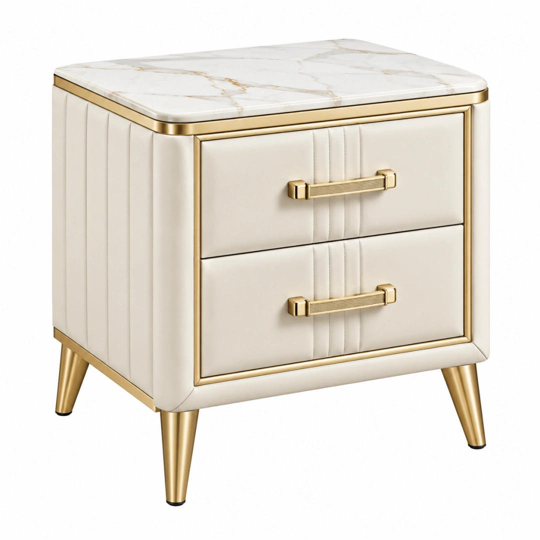 Mesilla de noche 50 x 40 x 60 cm de madera tapizada beige con efecto mármol - 2 cajones estilo moderno