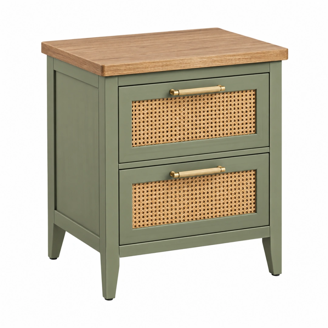 Mesita de noche 50 x 40 x 60 cm de madera verde con cajones de ratán