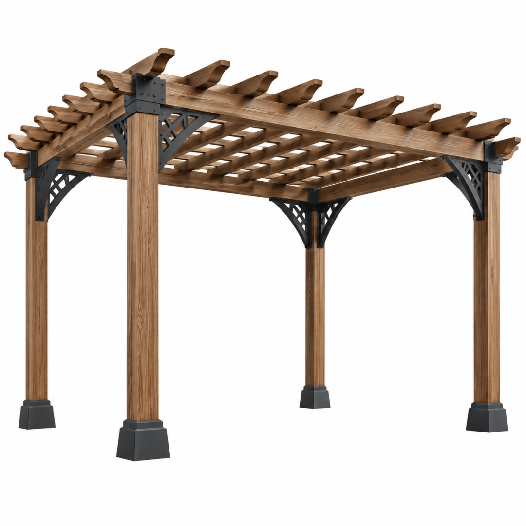 Pérgola de jardín 366 x 366 x 250 cm de madera marrón con estructura metálica