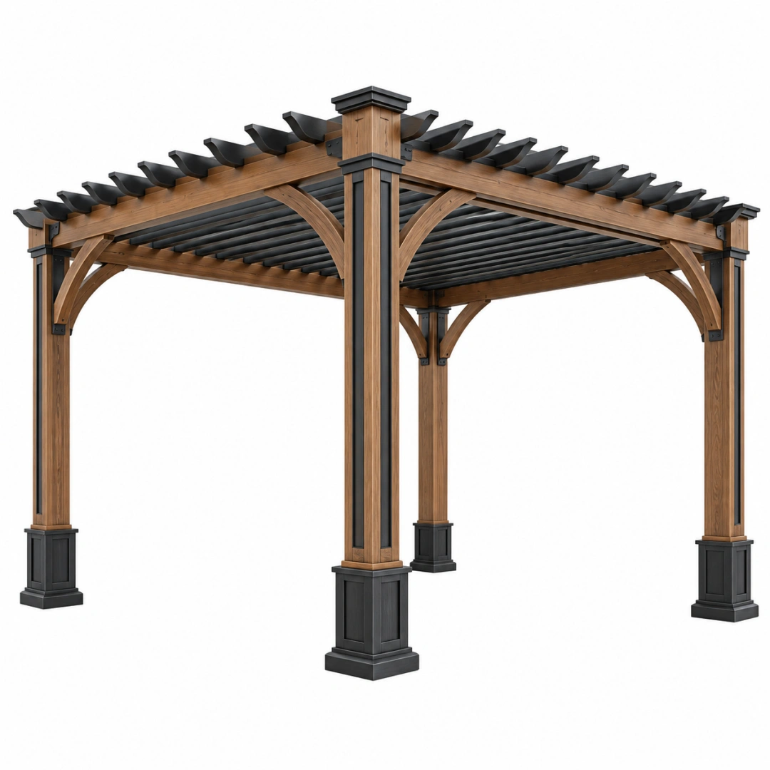Pérgola de jardín 300 x 300 x 250 cm de madera marrón y metal negro con techo de lamas
