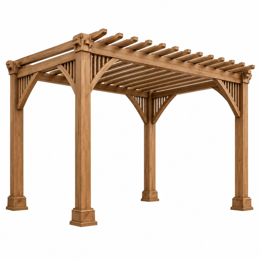 Pérgola de jardín 400 x 300 cm de madera marrón con techo de lamas estilo clásico