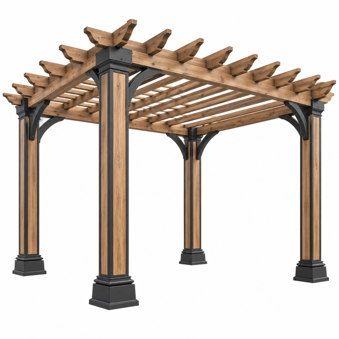 Pérgola 300 x 300 x 240 cm de madera y metal marrón negro para jardín