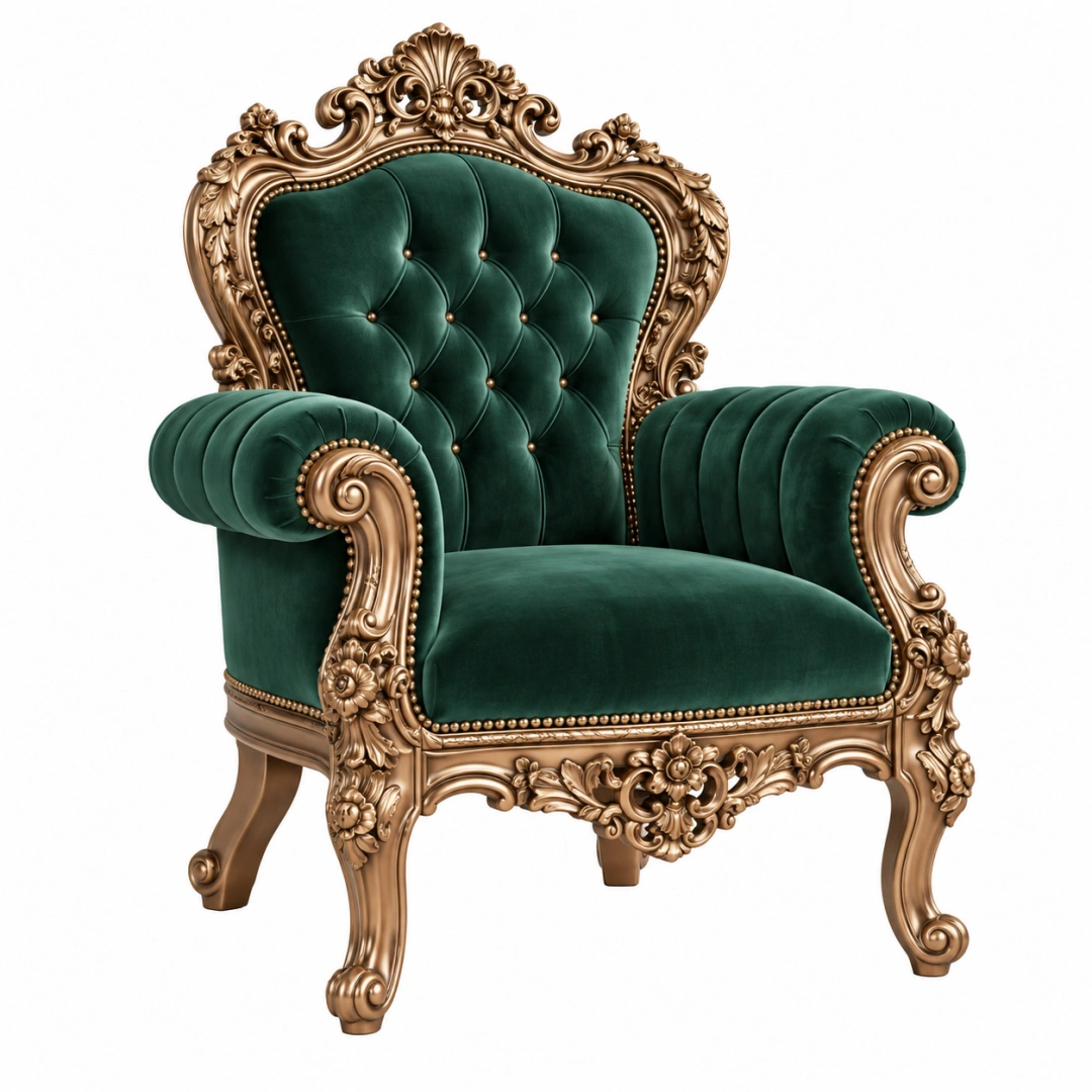 Sillón 95 x 90 x 125 cm de terciopelo verde oscuro y madera dorada estilo barroco para salón