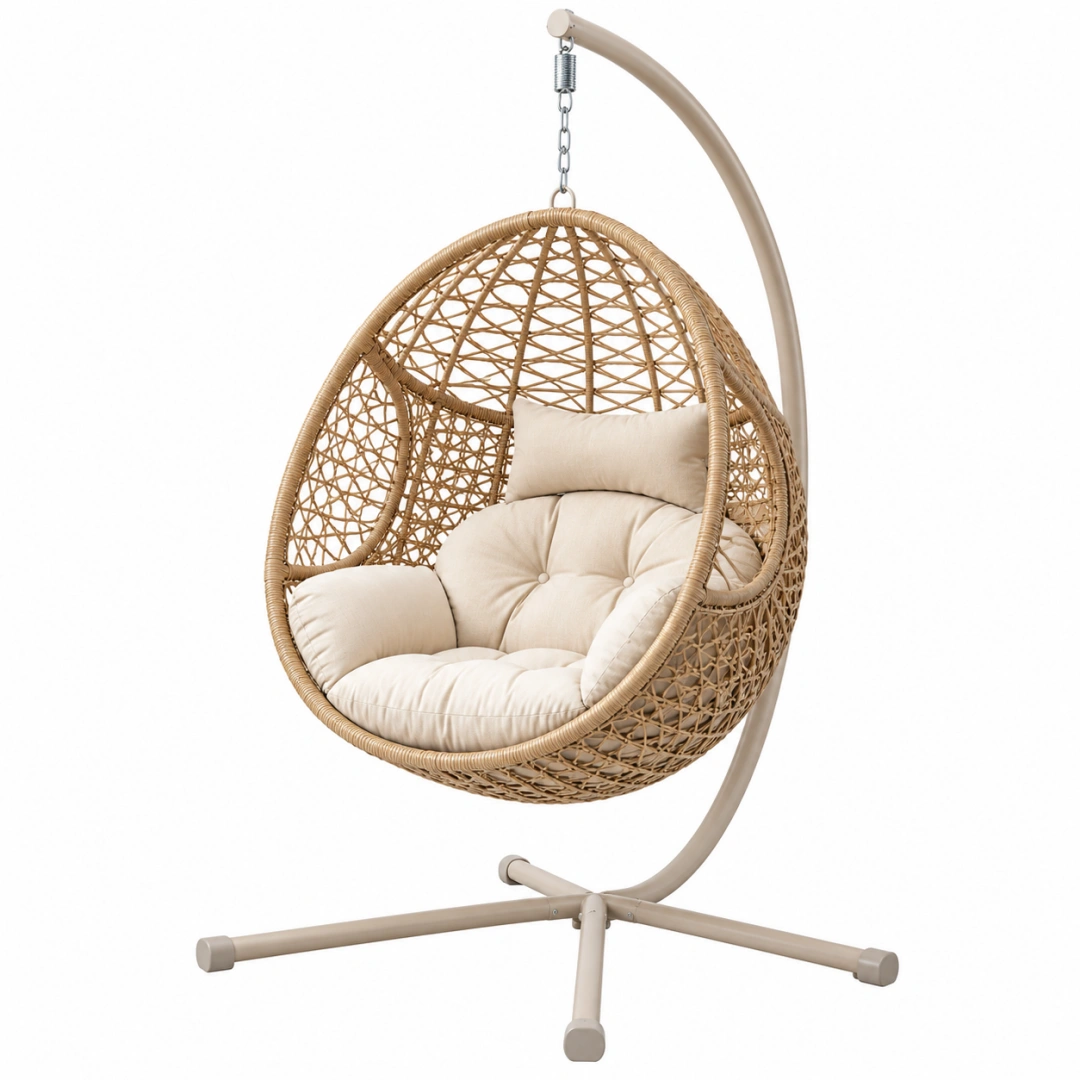Sillón colgante 105 x 105 x 195 cm de ratán trenzado beige con soporte metálico para descanso