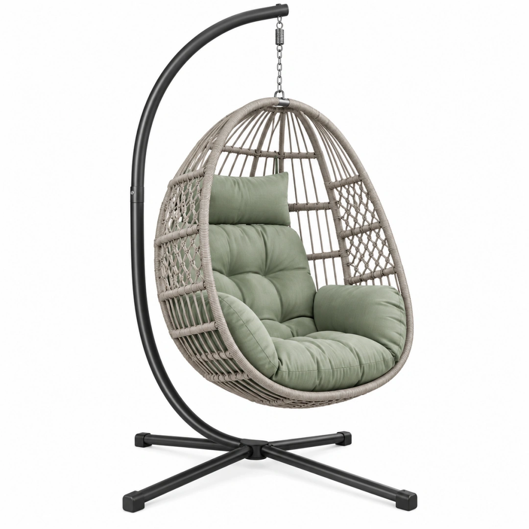 Sillón colgante 105 x 105 x 195 cm de acero y cuerda gris con asiento verde para exterior