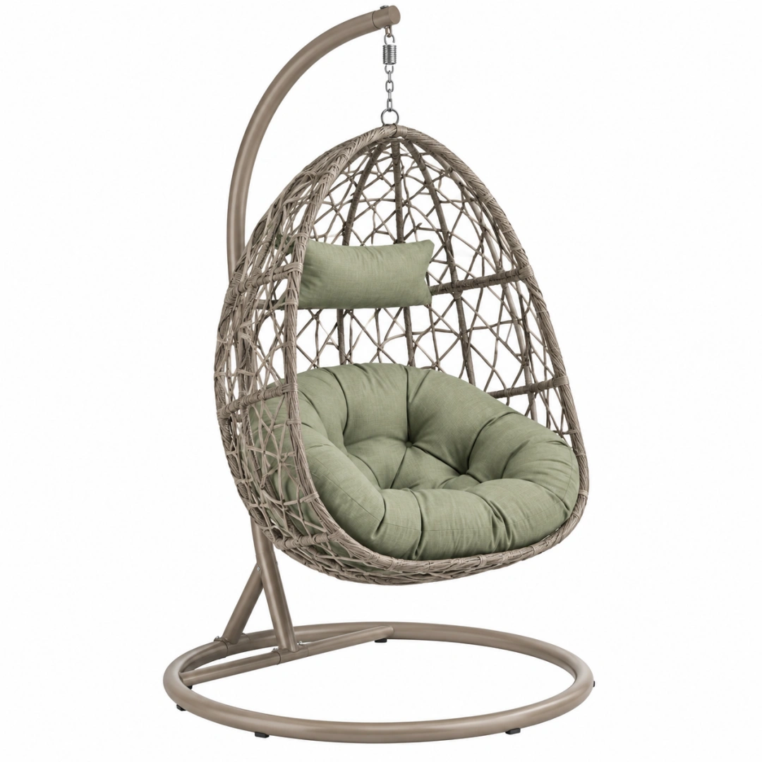 Sillón colgante 100 x 100 x 195 cm de metal y ratán sintético gris con asiento acolchado verde para exterior