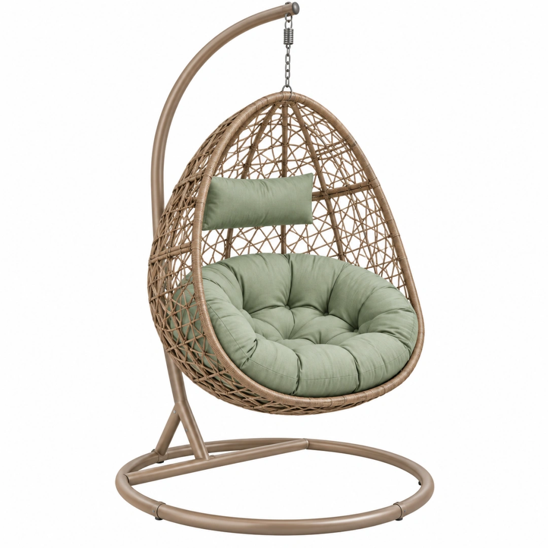 Sillón colgante 105 x 105 x 195 cm de ratán sintético beige con cojín verde para interior estilo bohemio