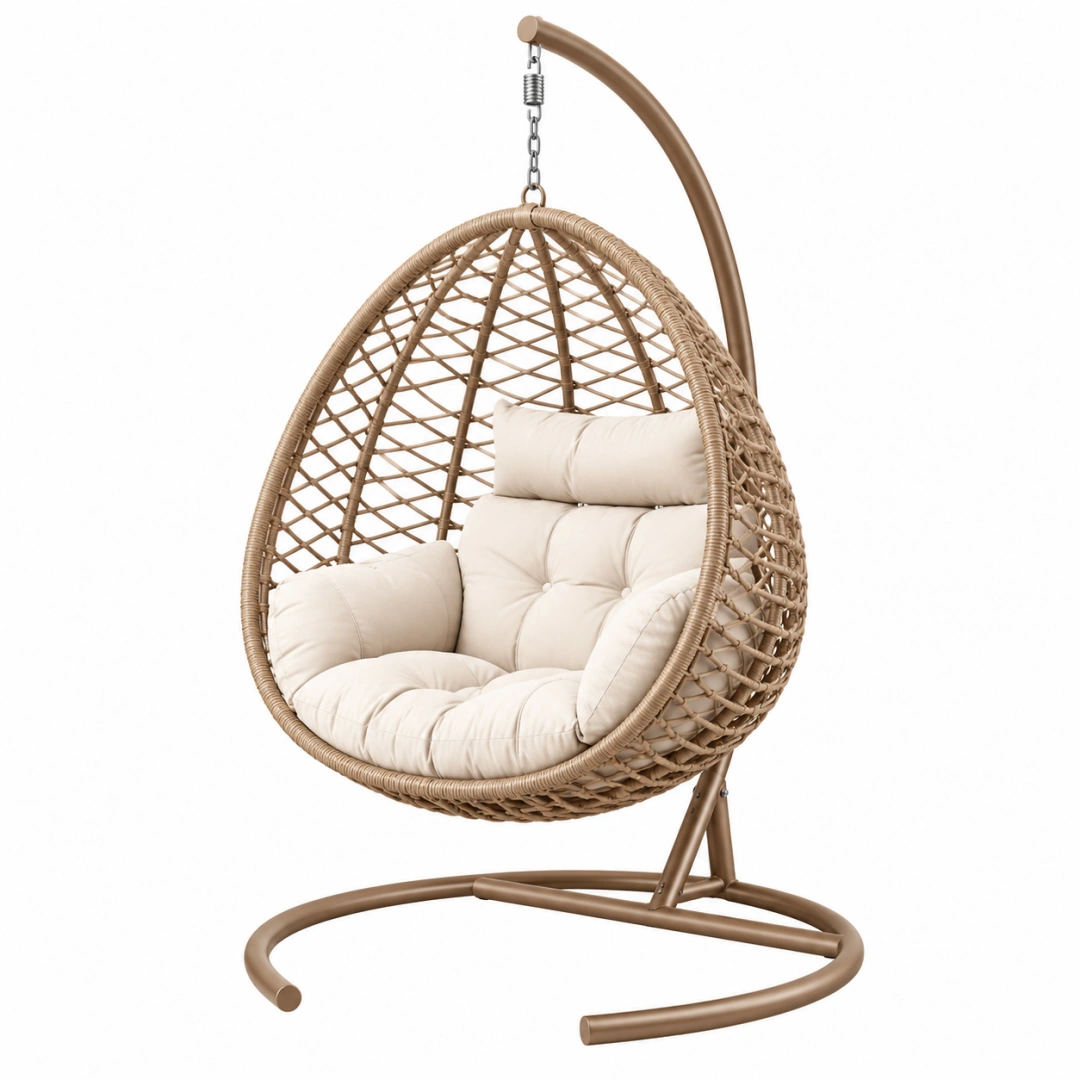 Sillón colgante 100 x 100 x 195 cm de fibra trenzada beige con soporte metálico para interior