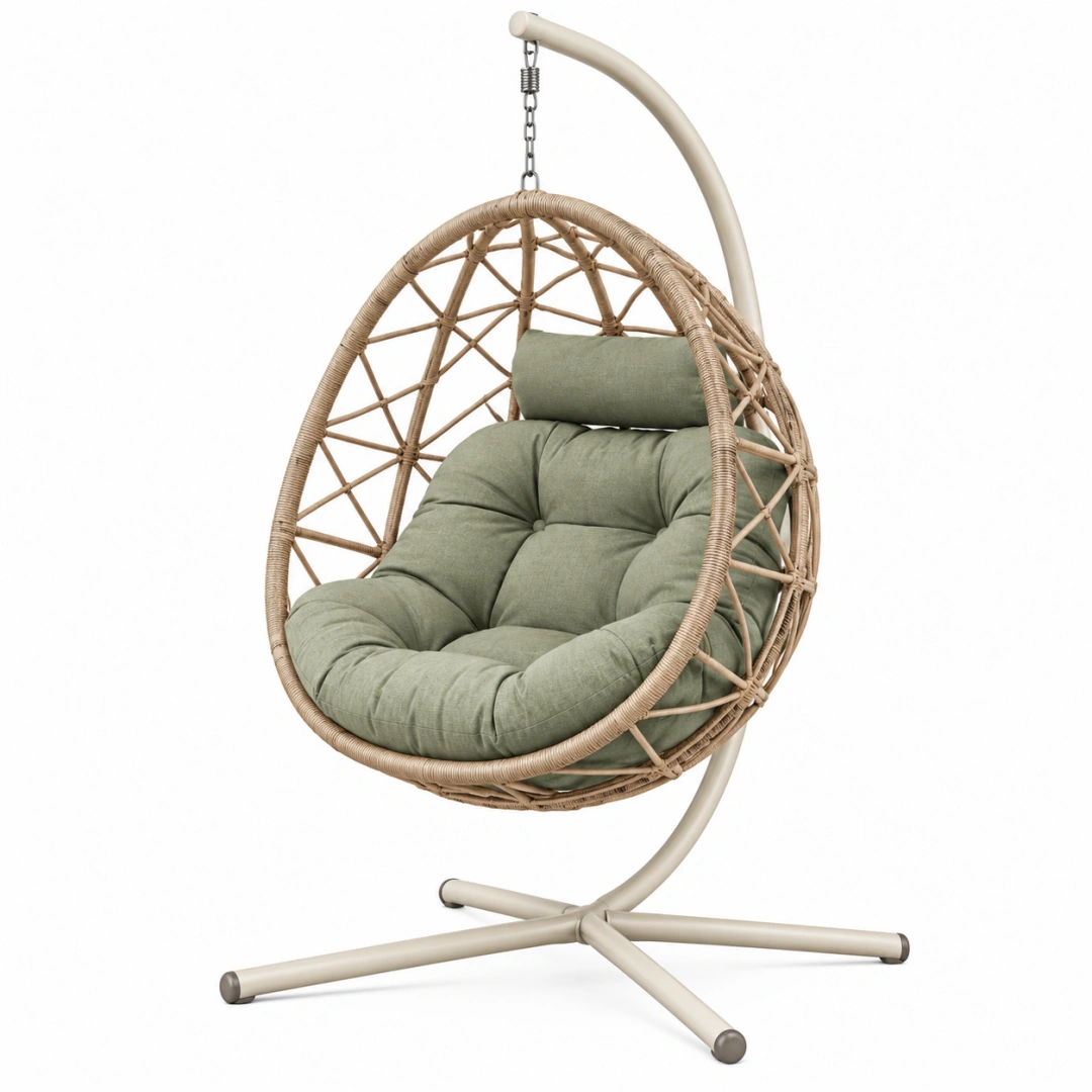 Sillón colgante 105 x 105 x 195 cm de ratán y metal beige verde con asiento acolchado estilo bohemio