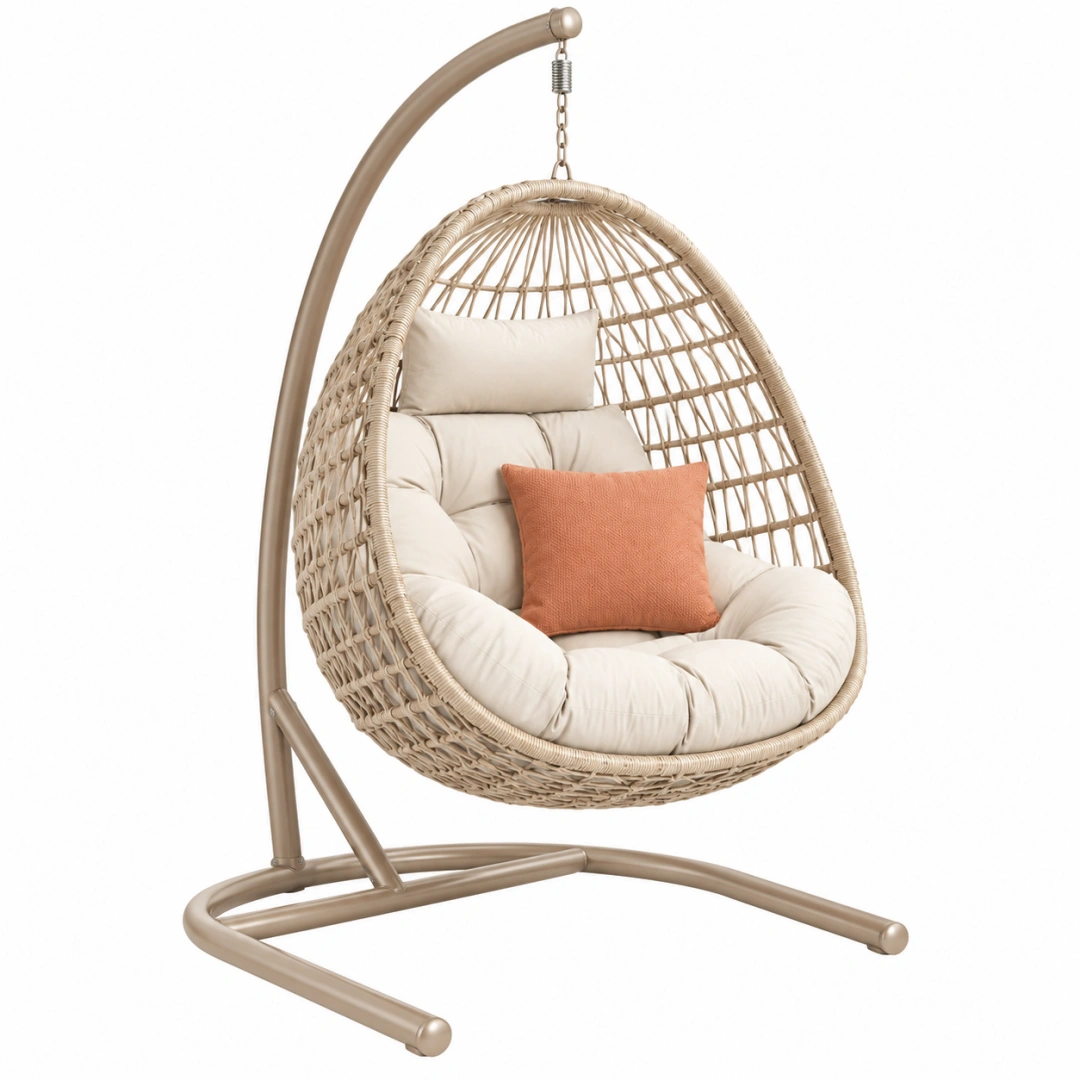 Silla colgante 105 x 105 x 195 cm de ratán sintético beige con estructura de metal y asiento acolchado